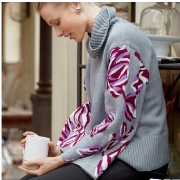 CAbi Eden Pullover Turtleneck Knit Sweater Gray Floral Flare Sleeve Large Casual - Picture 3 of 14